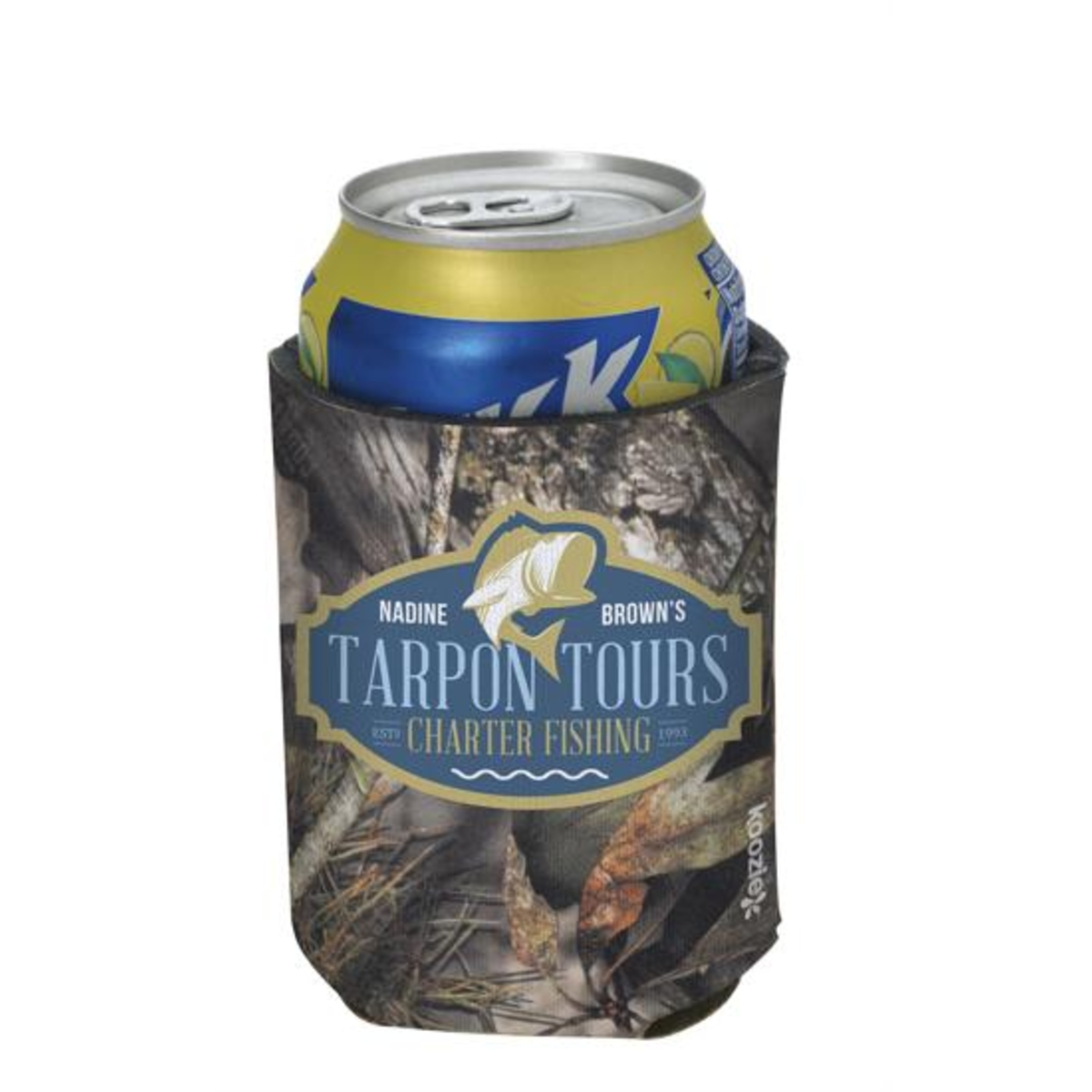 Mossy Oak® patterned can cooler with full-color photographic imprint, gray interior foam, and USA assembly.