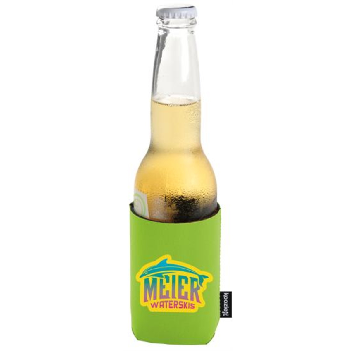 Neoprene can and bottle cooler with built-in bottle opener, snug fit, and fold-flat design for easy storage and mailing.