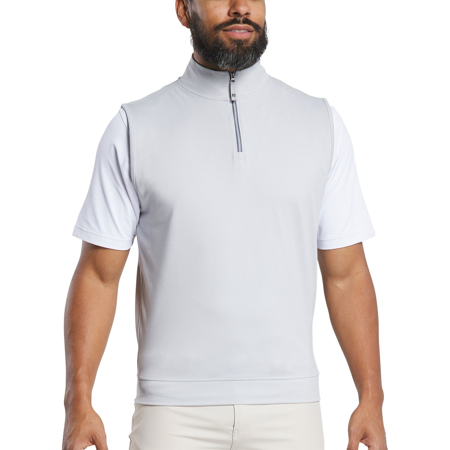 Grey FootJoy men's performance quarter-zip golf vest made from a polyester-spandex performance blend with moisture-wicking technology, four-way stretch, anti-microbial finish, and lightweight construction for golf and everyday wear.