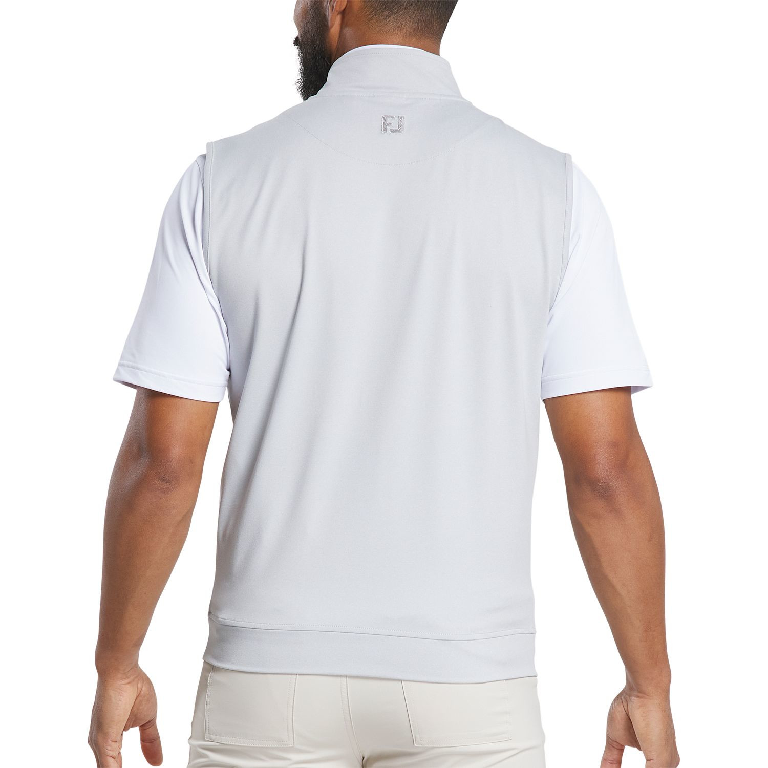 Grey FootJoy men's performance quarter-zip golf vest made from a polyester-spandex performance blend with moisture-wicking technology, four-way stretch, anti-microbial finish, and lightweight construction for golf and everyday wear.
