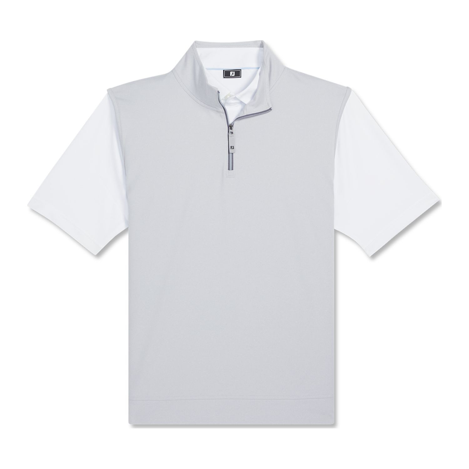 Grey FootJoy men's performance quarter-zip golf vest made from a polyester-spandex performance blend with moisture-wicking technology, four-way stretch, anti-microbial finish, and lightweight construction for golf and everyday wear.