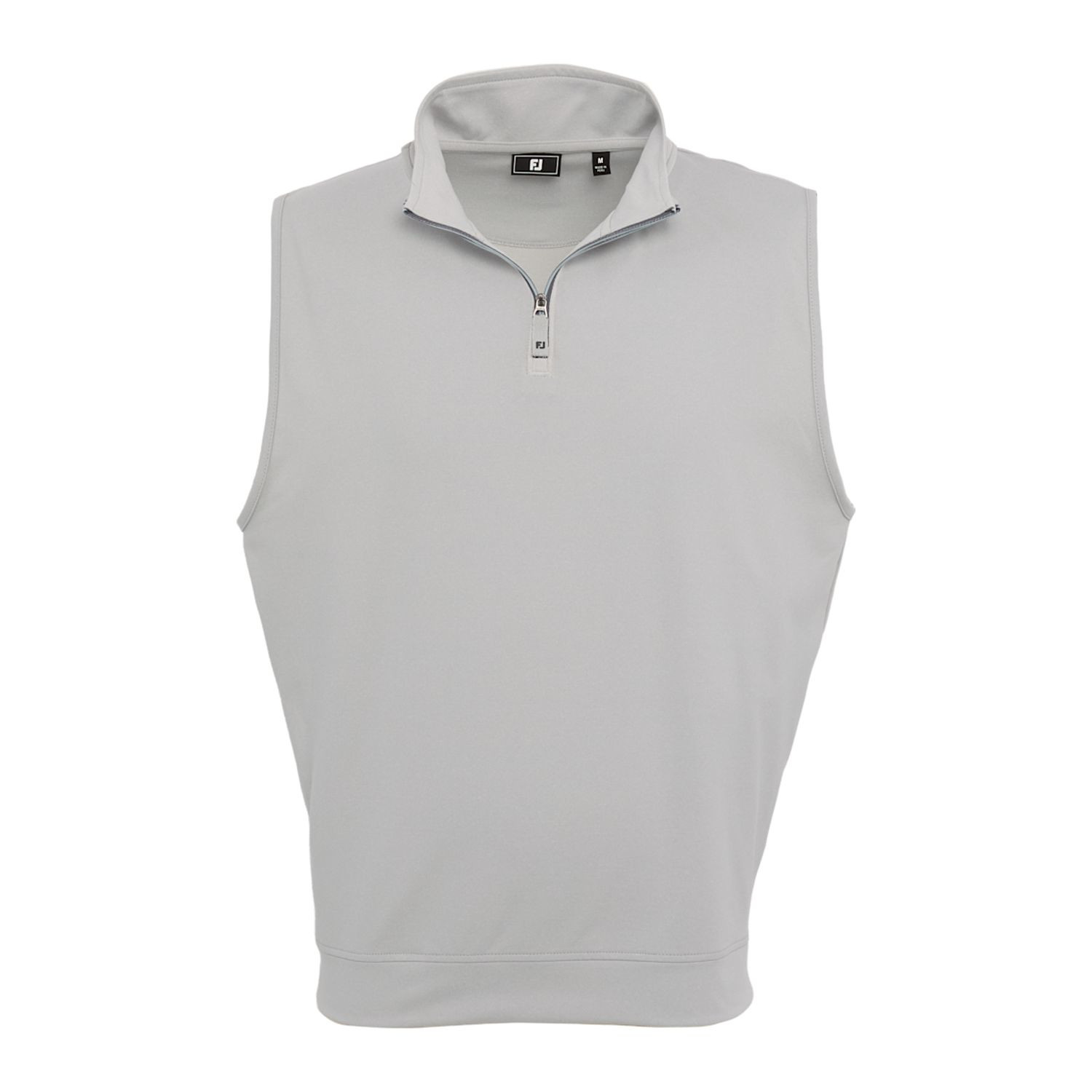 Grey FootJoy men's performance quarter-zip golf vest made from a polyester-spandex performance blend with moisture-wicking technology, four-way stretch, anti-microbial finish, and lightweight construction for golf and everyday wear.
