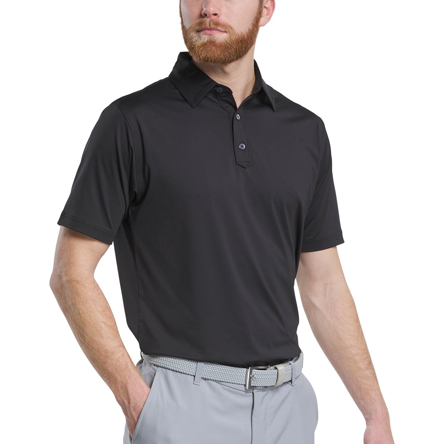Black FootJoy men's solid performance golf polo made from an 88% polyester and 12% spandex blend with moisture-wicking technology, four-way stretch, anti-microbial treatment, and a polished lisle knit finish.