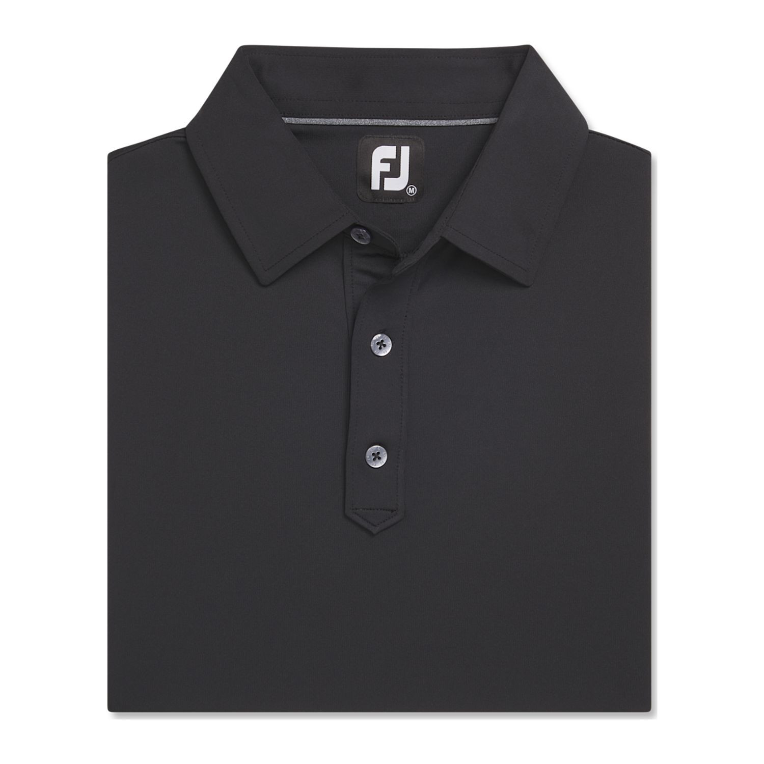 Black FootJoy men's solid performance golf polo made from an 88% polyester and 12% spandex blend with moisture-wicking technology, four-way stretch, anti-microbial treatment, and a polished lisle knit finish.