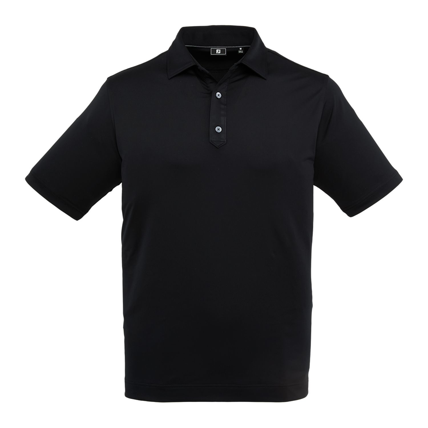 Black FootJoy men's solid performance golf polo made from an 88% polyester and 12% spandex blend with moisture-wicking technology, four-way stretch, anti-microbial treatment, and a polished lisle knit finish.
