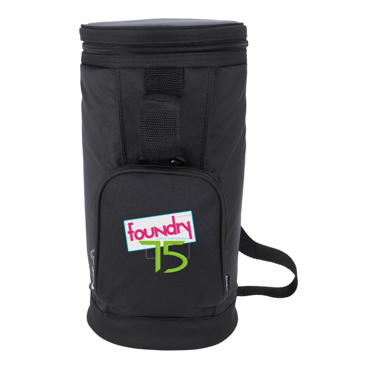 Golf cooler with an insulated 9-can compartment, multiple storage pockets, adjustable shoulder strap, and 34.5% post-consumer recycled PET content.