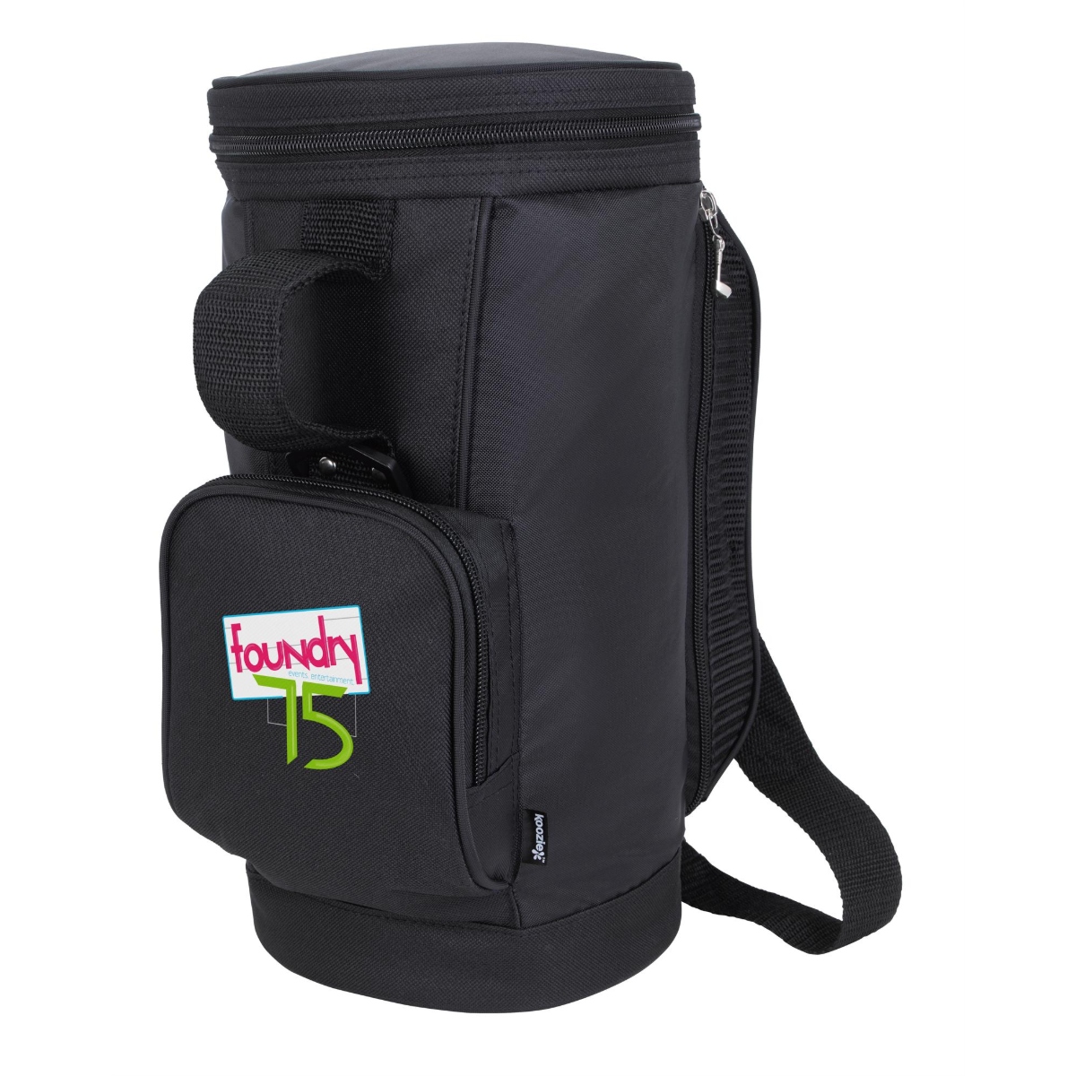 Golf cooler with an insulated 9-can compartment, multiple storage pockets, adjustable shoulder strap, and 34.5% post-consumer recycled PET content.