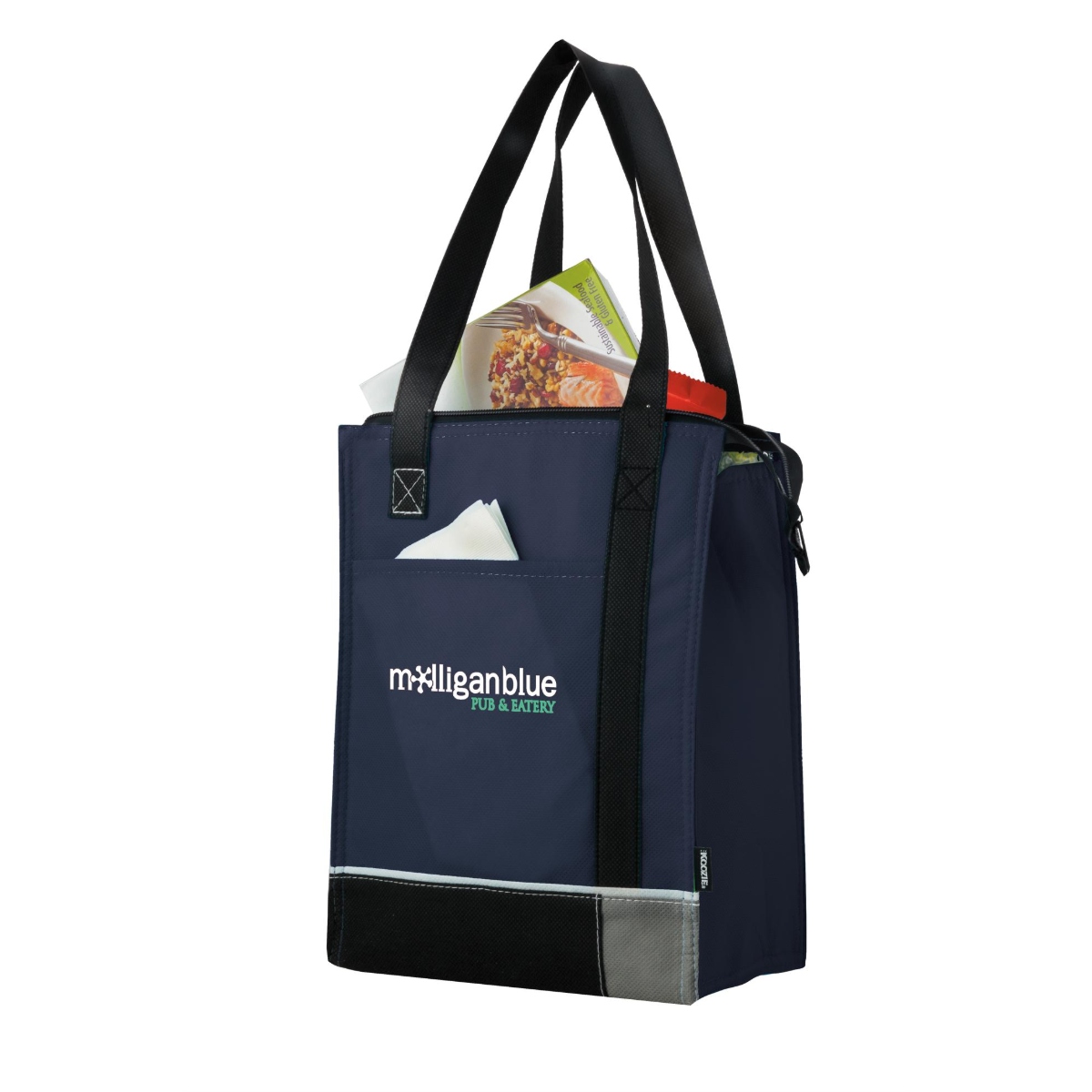 Colorblock lunch bag with accent stitching, zippered main compartment, thermal lining, and front slip pocket for utensils and condiments.