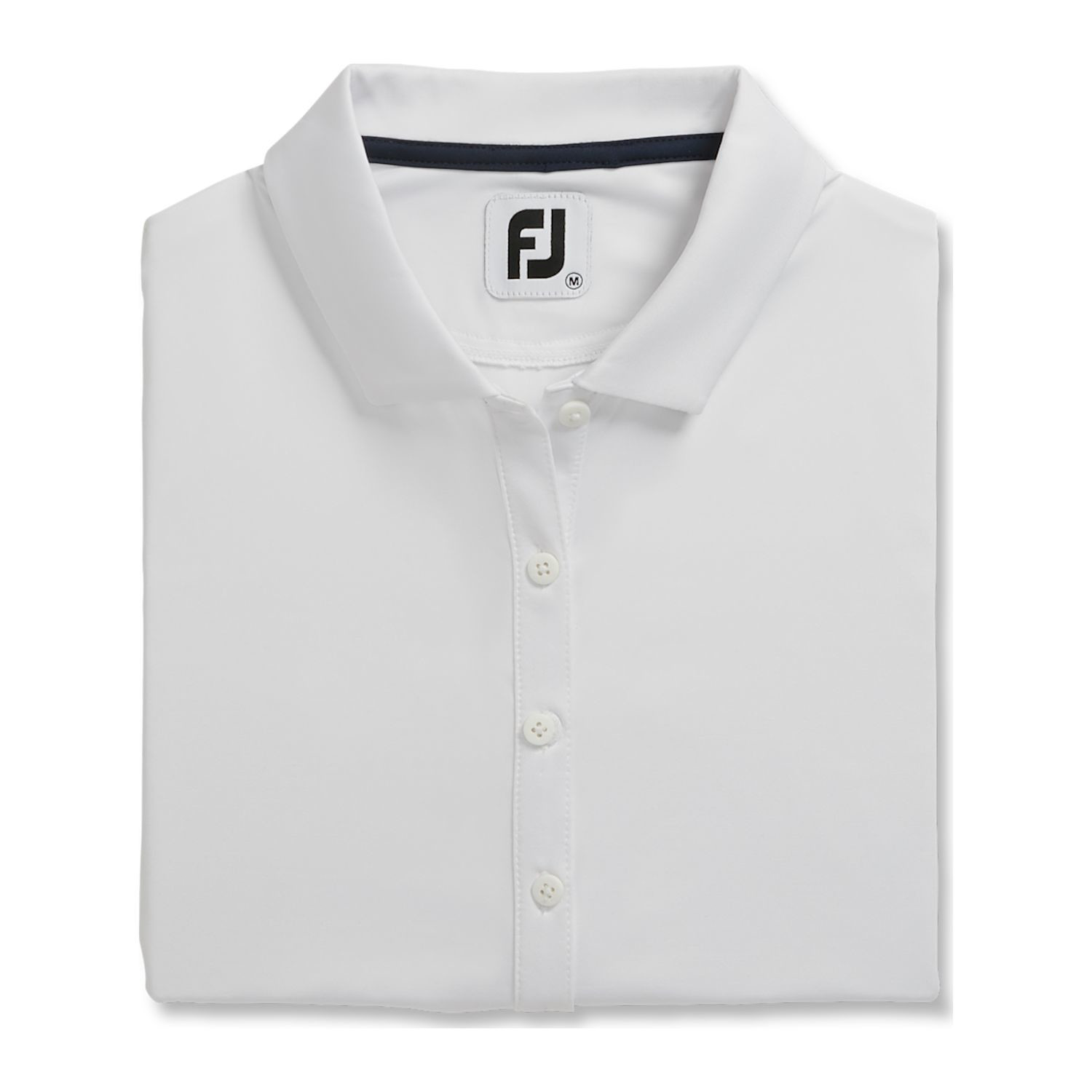 White FootJoy Women’s Solid Lisle Performance Golf Polo made from stretch polyester-spandex fabric with moisture-wicking technology, anti-microbial finish, four-way stretch, and extended back shirt tail for golf or active wear.