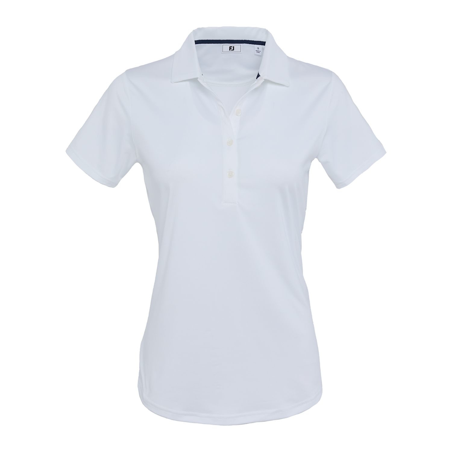 White FootJoy Women’s Solid Lisle Performance Golf Polo made from stretch polyester-spandex fabric with moisture-wicking technology, anti-microbial finish, four-way stretch, and extended back shirt tail for golf or active wear.