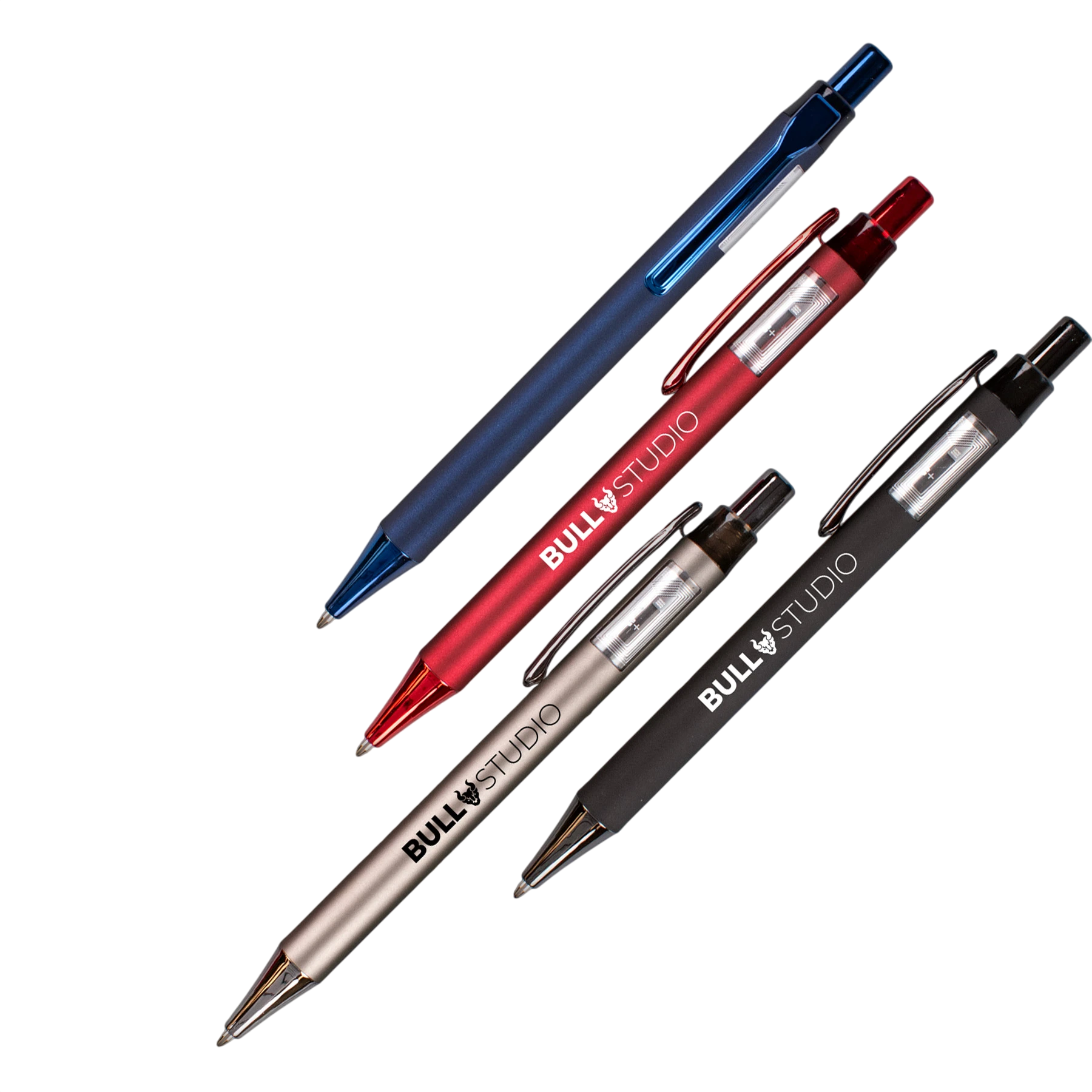 NFC Reveal Comfort Pen in a sleek metallic finish with a rubberized recycled RABS plastic barrel, transparent window displaying the NFC chip and antenna, and a defined tap zone for contactless interaction and everyday writing.