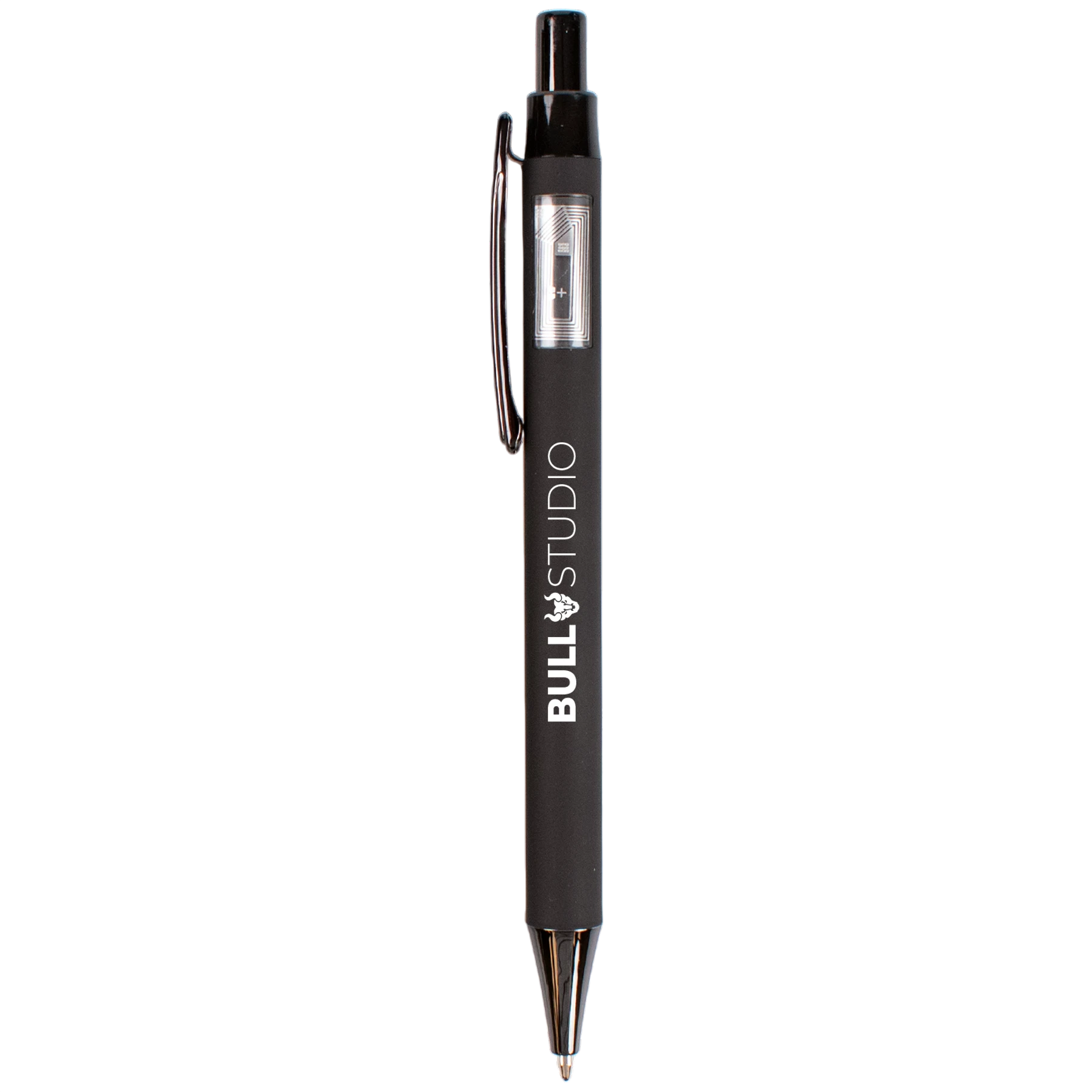 Black NFC Reveal Comfort Pen in a sleek metallic finish with a rubberized recycled RABS plastic barrel, transparent window displaying the NFC chip and antenna, and a defined tap zone for contactless interaction and everyday writing.
