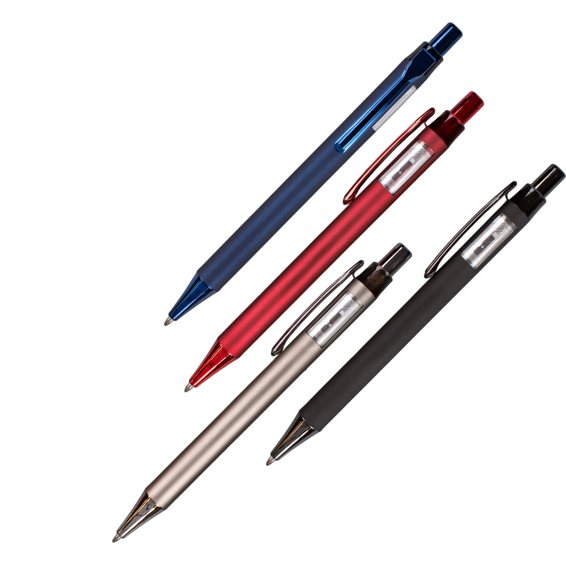 NFC Reveal Comfort Pen in a sleek metallic finish with a rubberized recycled RABS plastic barrel, transparent window displaying the NFC chip and antenna, and a defined tap zone for contactless interaction and everyday writing.