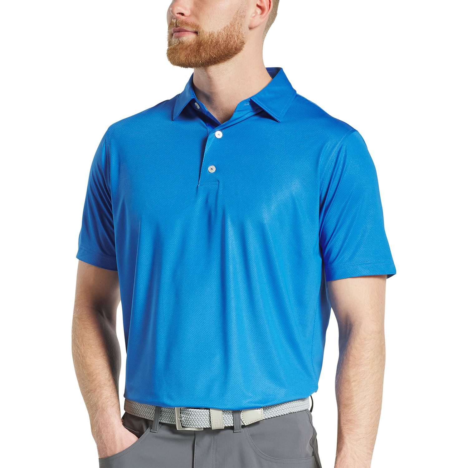 New Royal FootJoy Men’s Tonal Dot Performance Golf Polo made from lightweight polyester-spandex fabric with moisture-wicking technology, anti-microbial finish, four-way stretch, and tonal dot pattern for golf and active wear.