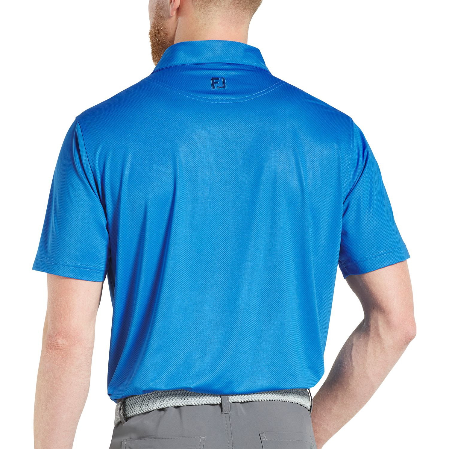 New Royal FootJoy Men’s Tonal Dot Performance Golf Polo made from lightweight polyester-spandex fabric with moisture-wicking technology, anti-microbial finish, four-way stretch, and tonal dot pattern for golf and active wear.