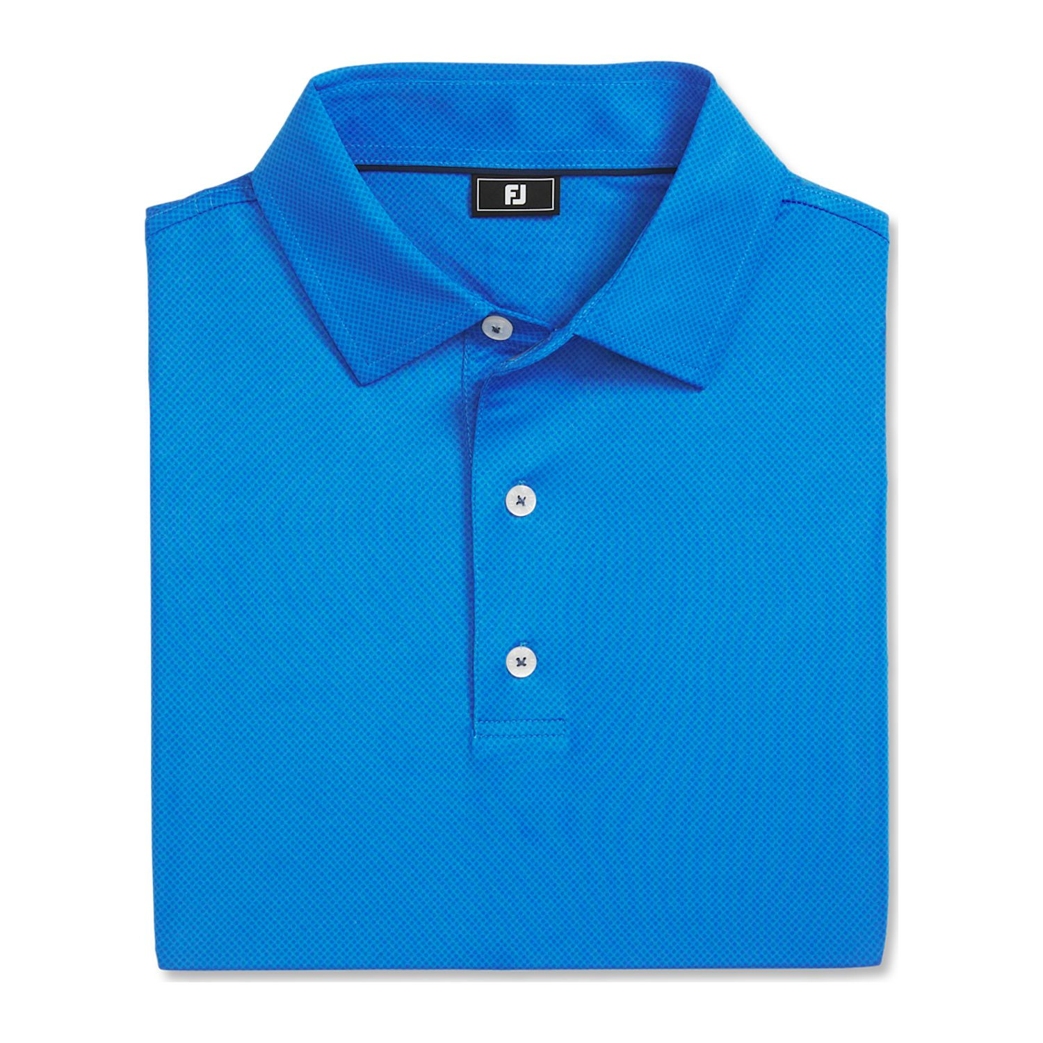 New Royal FootJoy Men’s Tonal Dot Performance Golf Polo made from lightweight polyester-spandex fabric with moisture-wicking technology, anti-microbial finish, four-way stretch, and tonal dot pattern for golf and active wear.