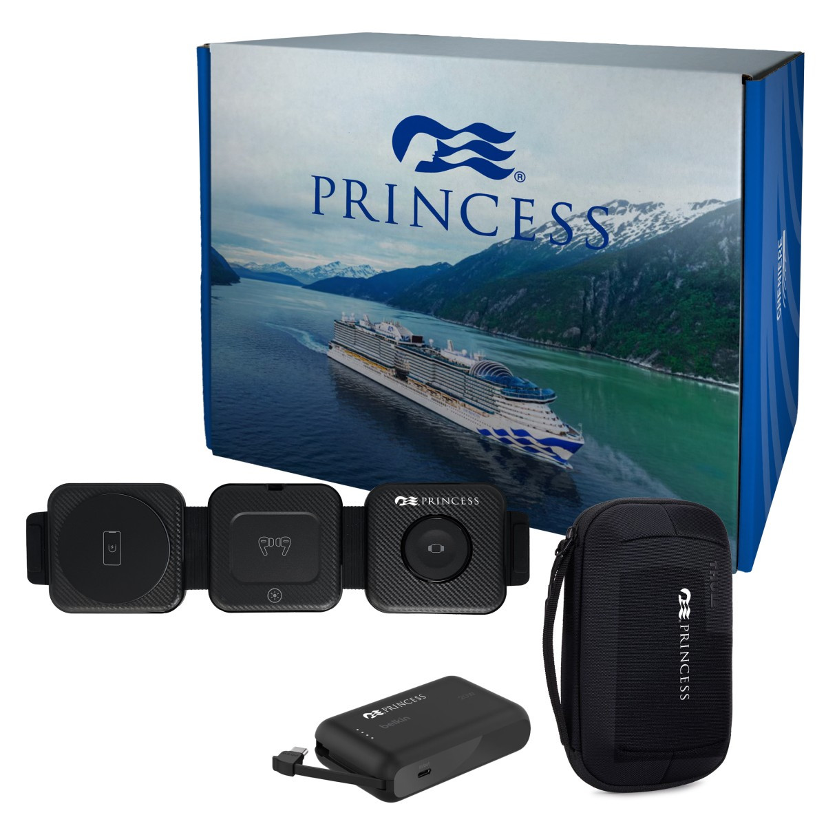 Black Thule Power Traveler Set featuring a black travel organizer case with a 3-in-1 magnetic folding wireless charger and 10K power bank with integrated cable, designed for portable device charging while traveling.