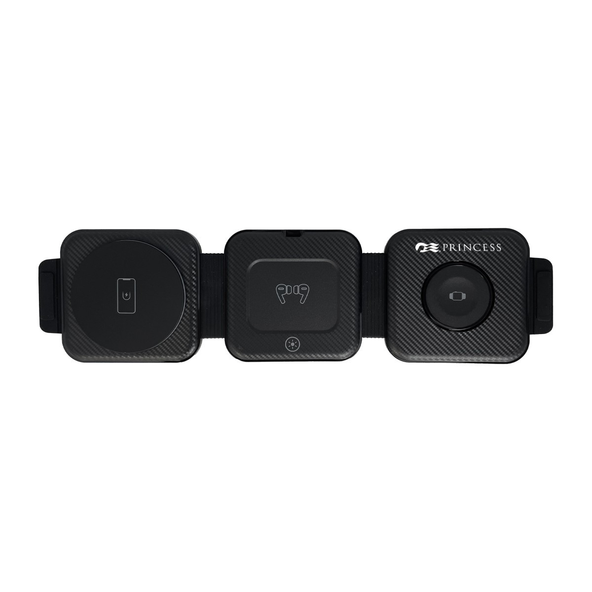 Black Thule Power Traveler Set featuring a black travel organizer case with a 3-in-1 magnetic folding wireless charger and 10K power bank with integrated cable, designed for portable device charging while traveling.