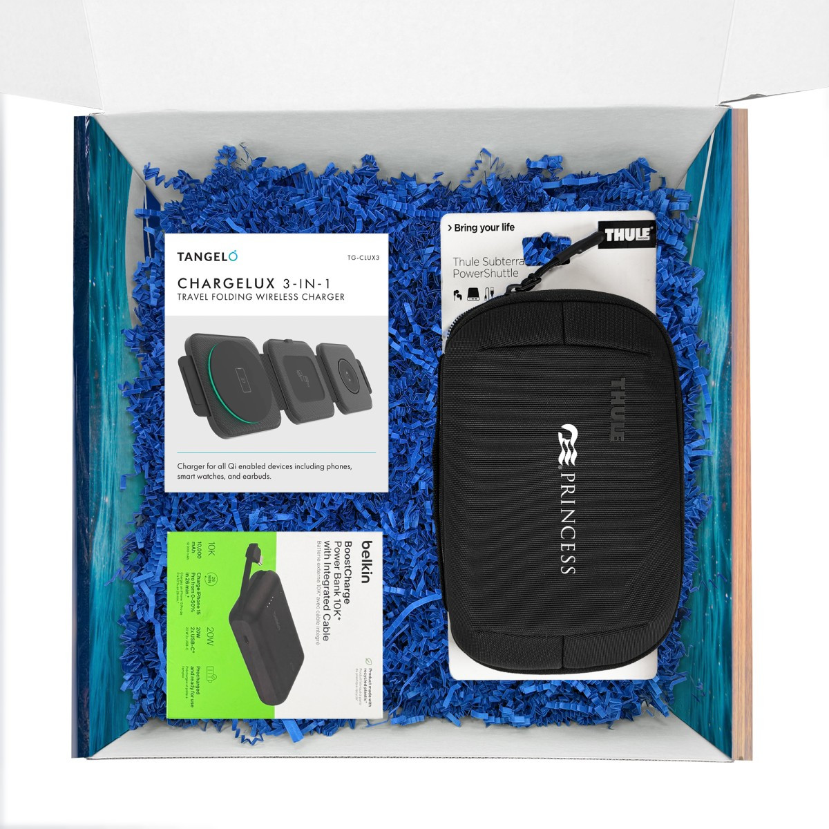 Black Thule Power Traveler Set featuring a black travel organizer case with a 3-in-1 magnetic folding wireless charger and 10K power bank with integrated cable, designed for portable device charging while traveling.