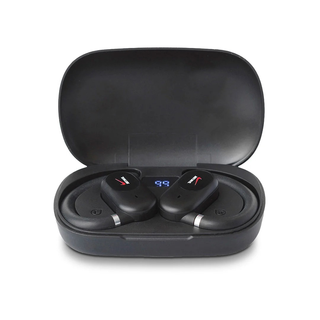 Black AeroLoop Open-Ear Wireless Earbuds in a lightweight black design with curved ear hooks and a compact charging case featuring an LED battery display, designed for comfortable wireless listening, calls, and everyday use.
