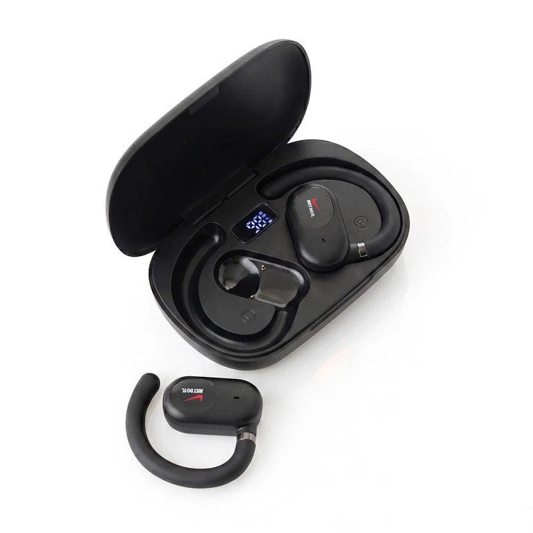 Black AeroLoop Open-Ear Wireless Earbuds in a lightweight black design with curved ear hooks and a compact charging case featuring an LED battery display, designed for comfortable wireless listening, calls, and everyday use.