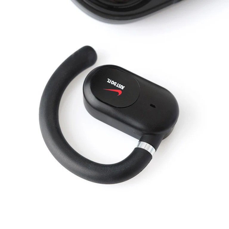 Black AeroLoop Open-Ear Wireless Earbuds in a lightweight black design with curved ear hooks and a compact charging case featuring an LED battery display, designed for comfortable wireless listening, calls, and everyday use.