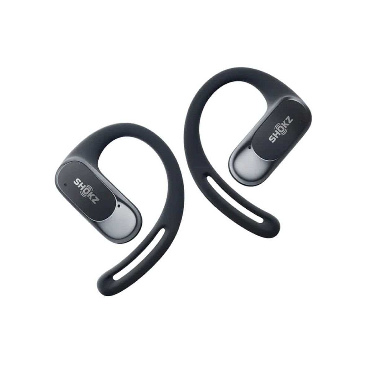 Black open-ear true wireless earbuds with ergonomic ear hooks, secure wobble-free fit, MultiPoint pairing, and extended battery life.