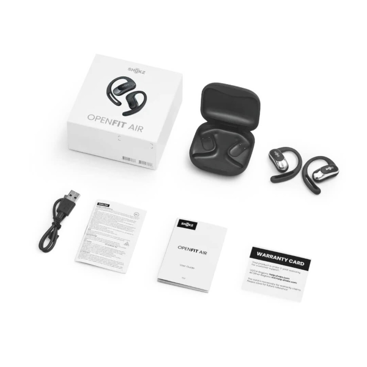 Black open-ear true wireless earbuds with ergonomic ear hooks, secure wobble-free fit, MultiPoint pairing, and extended battery life.