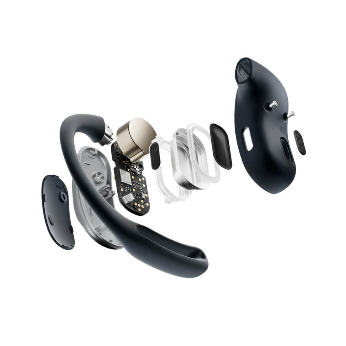 Black open-ear true wireless earbuds with ergonomic ear hooks, secure wobble-free fit, MultiPoint pairing, and extended battery life.