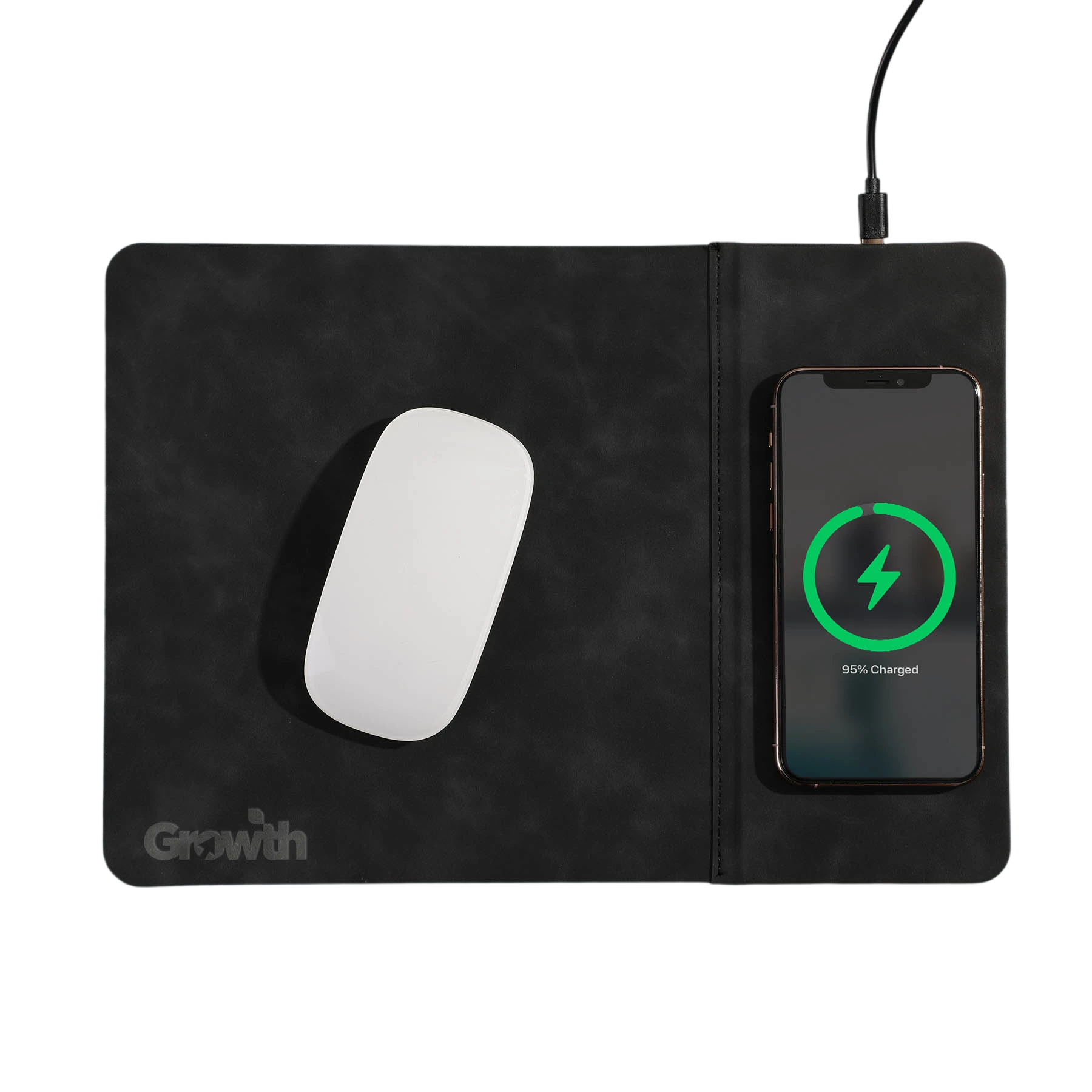 Black Nowire Pro Wireless Mousepad, a full-size black PU mousepad with a smooth soft-touch surface and integrated up to 15W wireless charging area for a clean, cable-free workspace.