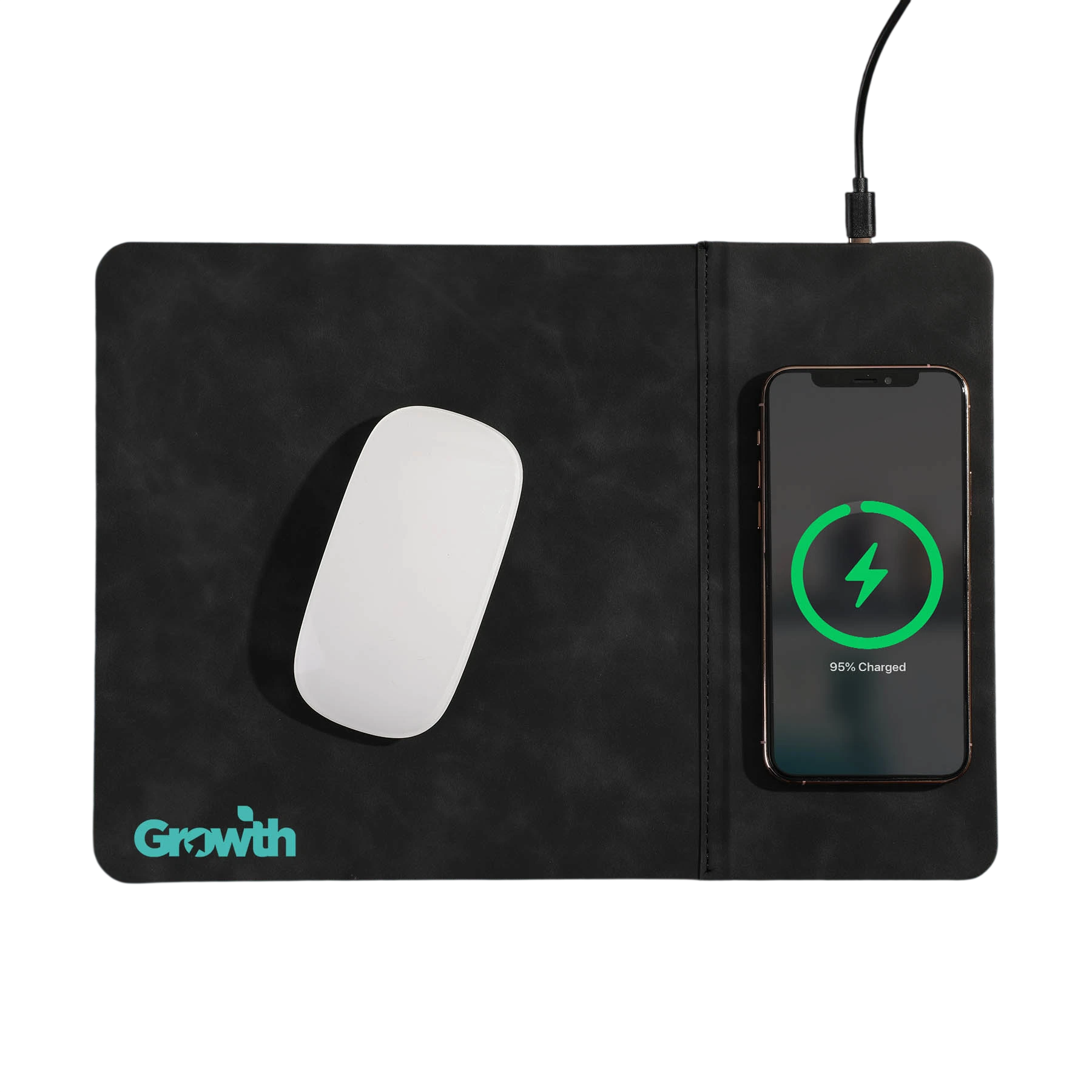 Black Nowire Pro Wireless Mousepad, a full-size black PU mousepad with a smooth soft-touch surface and integrated up to 15W wireless charging area for a clean, cable-free workspace.