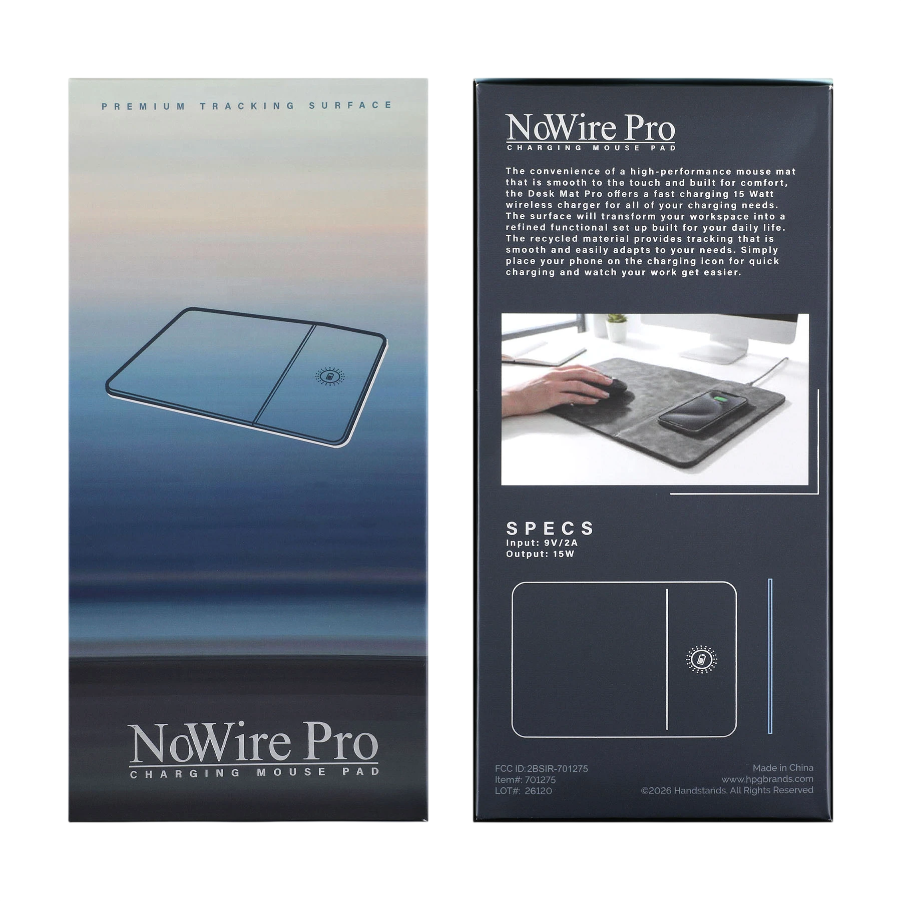 Black Nowire Pro Wireless Mousepad, a full-size black PU mousepad with a smooth soft-touch surface and integrated up to 15W wireless charging area for a clean, cable-free workspace.