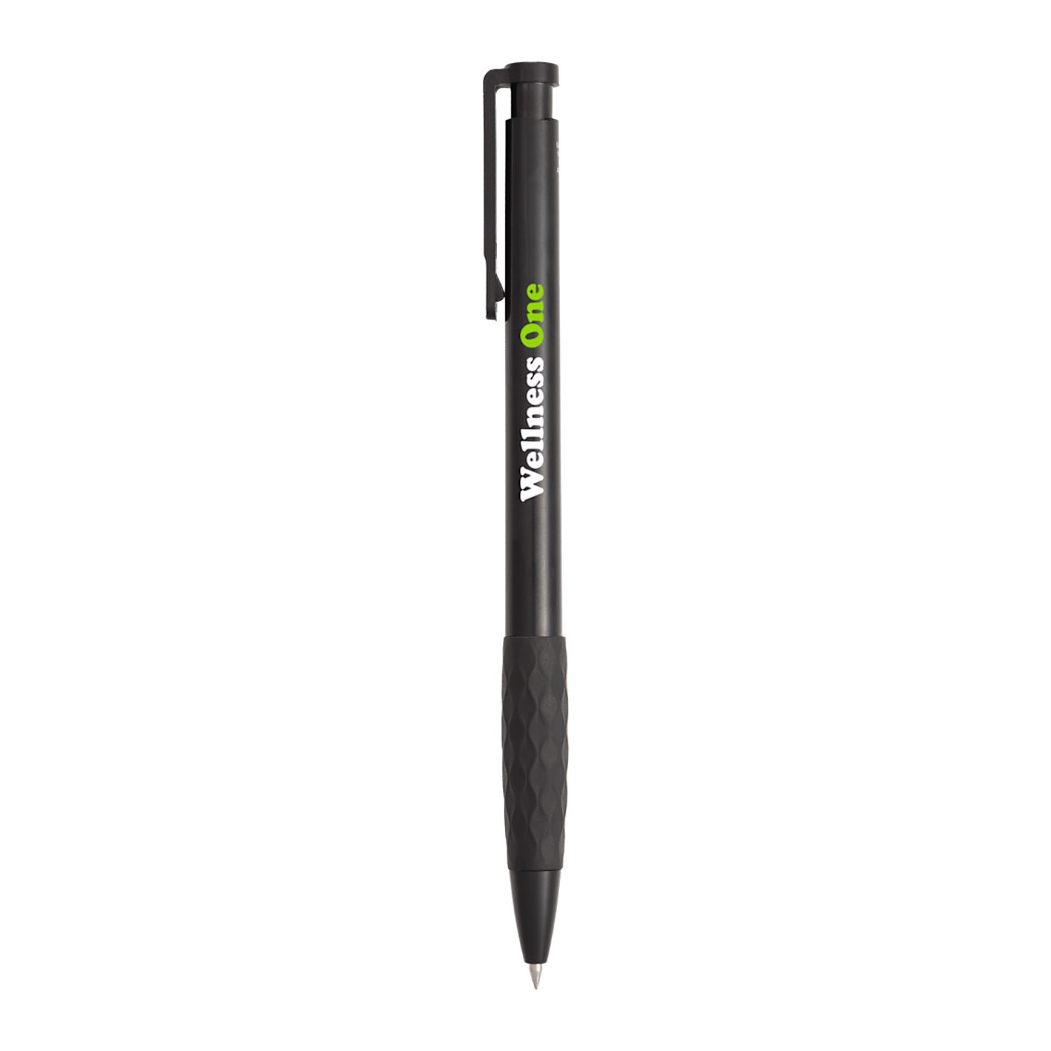 Black Scripto Stack Recycled Gel Pen made from 100% recycled ABS plastic with a diamond-patterned soft-touch grip, 0.5 mm tip, black gel ink, click-action design, and branded clip.