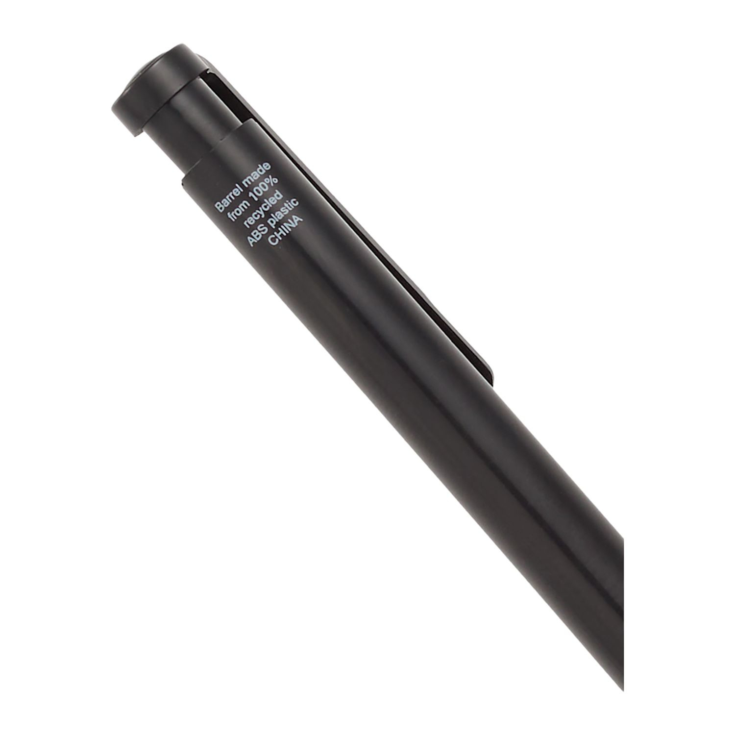 Black Scripto Stack Recycled Gel Pen made from 100% recycled ABS plastic with a diamond-patterned soft-touch grip, 0.5 mm tip, black gel ink, click-action design, and branded clip.