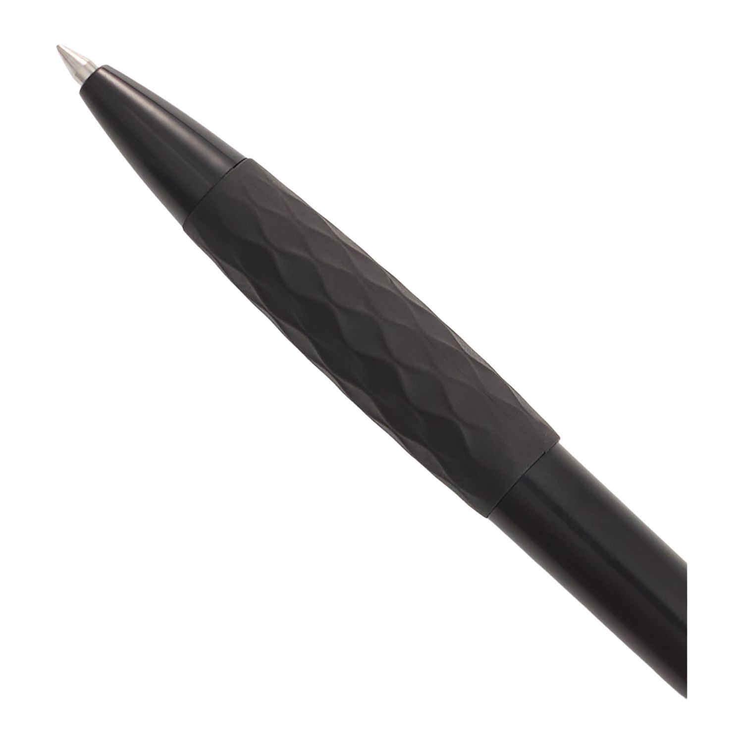 Black Scripto Stack Recycled Gel Pen made from 100% recycled ABS plastic with a diamond-patterned soft-touch grip, 0.5 mm tip, black gel ink, click-action design, and branded clip.