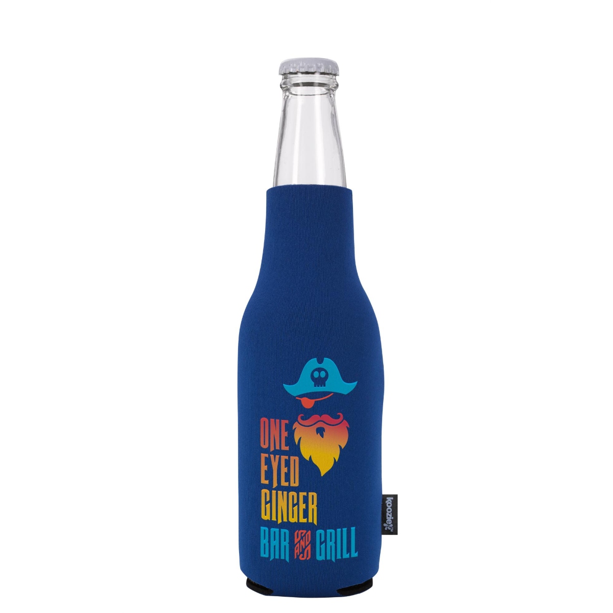 Neoprene zip-up bottle cooler with a snug fit for 12 oz. longneck bottles, wetsuit-like material, and fold-flat design.