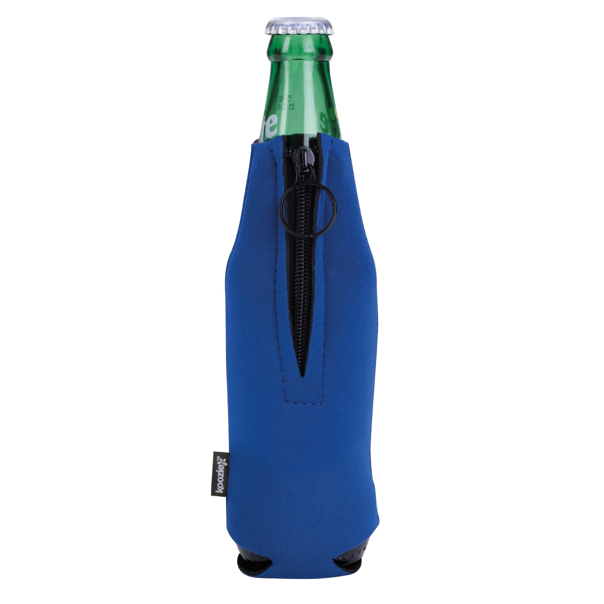 Neoprene zip-up bottle cooler with a snug fit for 12 oz. longneck bottles, wetsuit-like material, and fold-flat design.