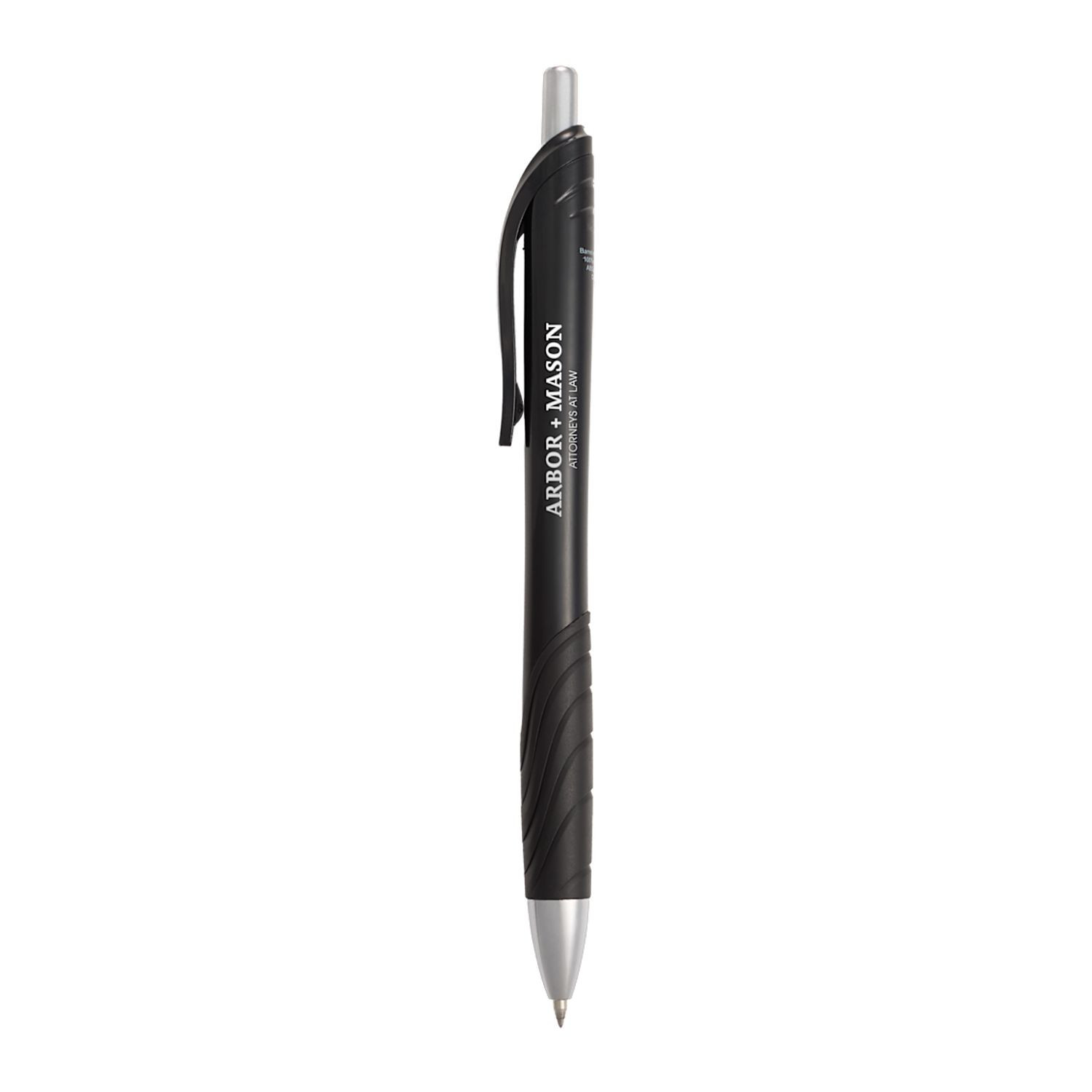 Black Scripto recycled gel pen made from 100% recycled ABS plastic with a comfortable wave-patterned grip, 0.5 mm gel ink tip, black gel ink, and click-action design.