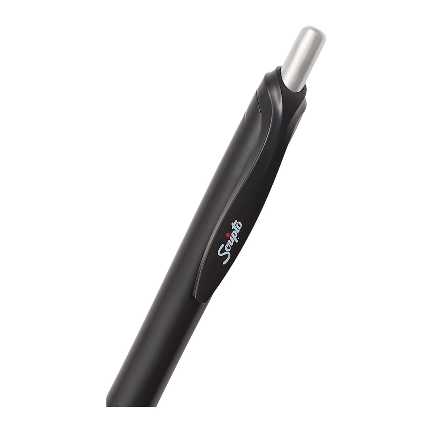 Black Scripto recycled gel pen made from 100% recycled ABS plastic with a comfortable wave-patterned grip, 0.5 mm gel ink tip, black gel ink, and click-action design.