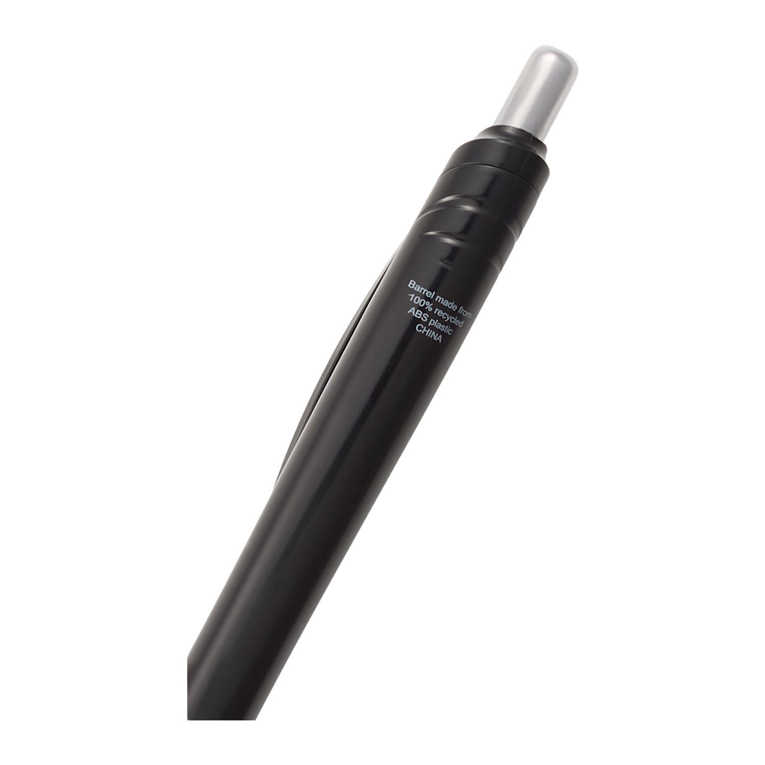 Black Scripto recycled gel pen made from 100% recycled ABS plastic with a comfortable wave-patterned grip, 0.5 mm gel ink tip, black gel ink, and click-action design.