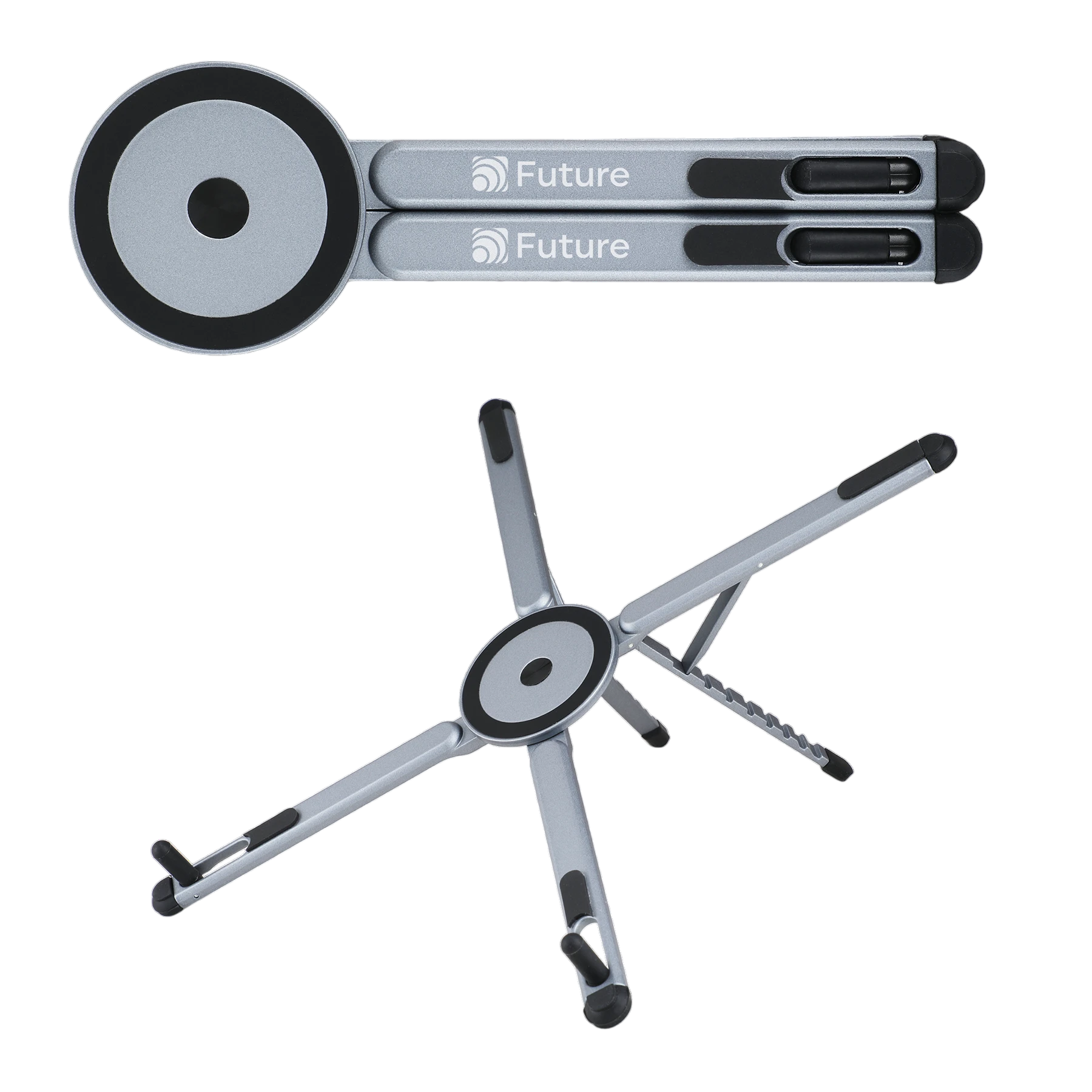 Gray Magnix Portable Travel Laptop Stand Compact, adjustable laptop stand with sleek metal legs and a magnetic phone mount, shown in a modern metallic finish. Folds flat for easy travel and supports laptops, tablets, and phones for portable workspaces.