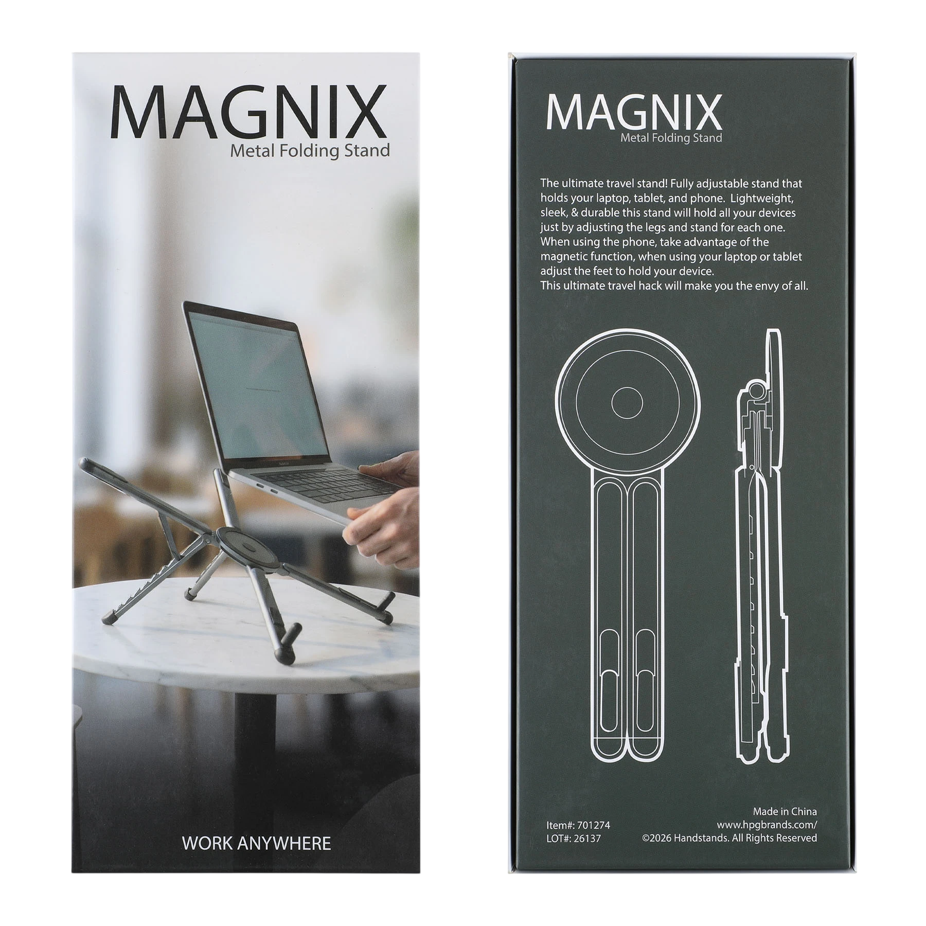 Gray Magnix Portable Travel Laptop Stand Compact, adjustable laptop stand with sleek metal legs and a magnetic phone mount, shown in a modern metallic finish. Folds flat for easy travel and supports laptops, tablets, and phones for portable workspaces.