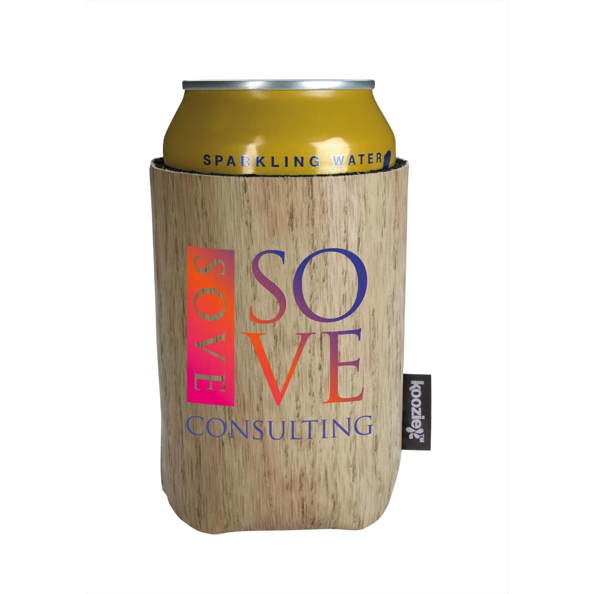 Wood-grain patterned neoprene can and bottle cooler with a textured outer layer, snug fit, and convenient fold-flat design.