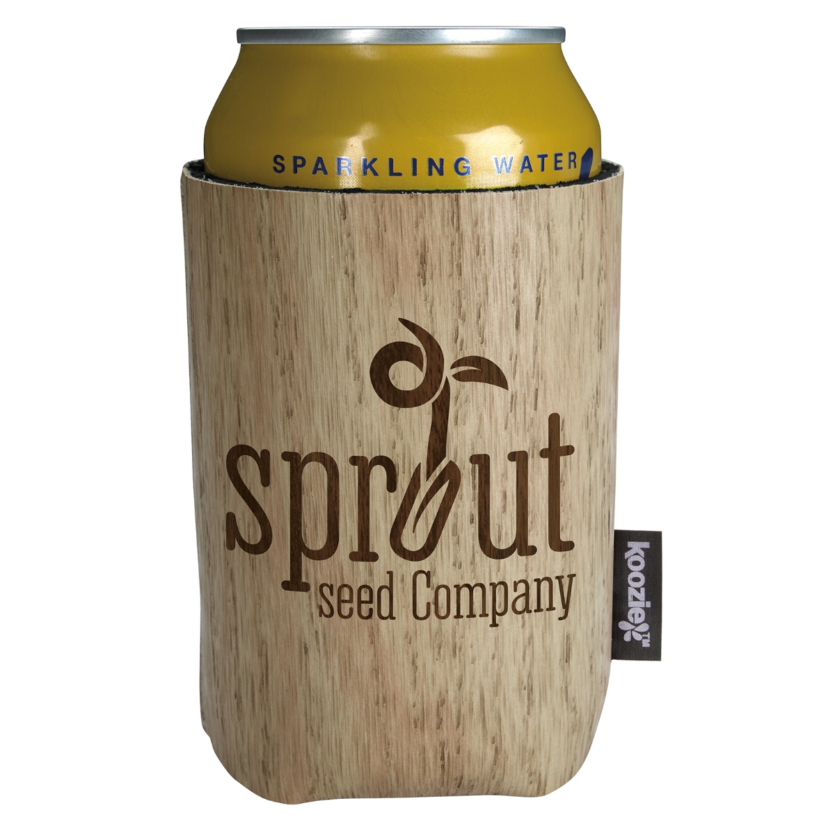 Wood-grain patterned neoprene can and bottle cooler with a textured outer layer, snug fit, and convenient fold-flat design.