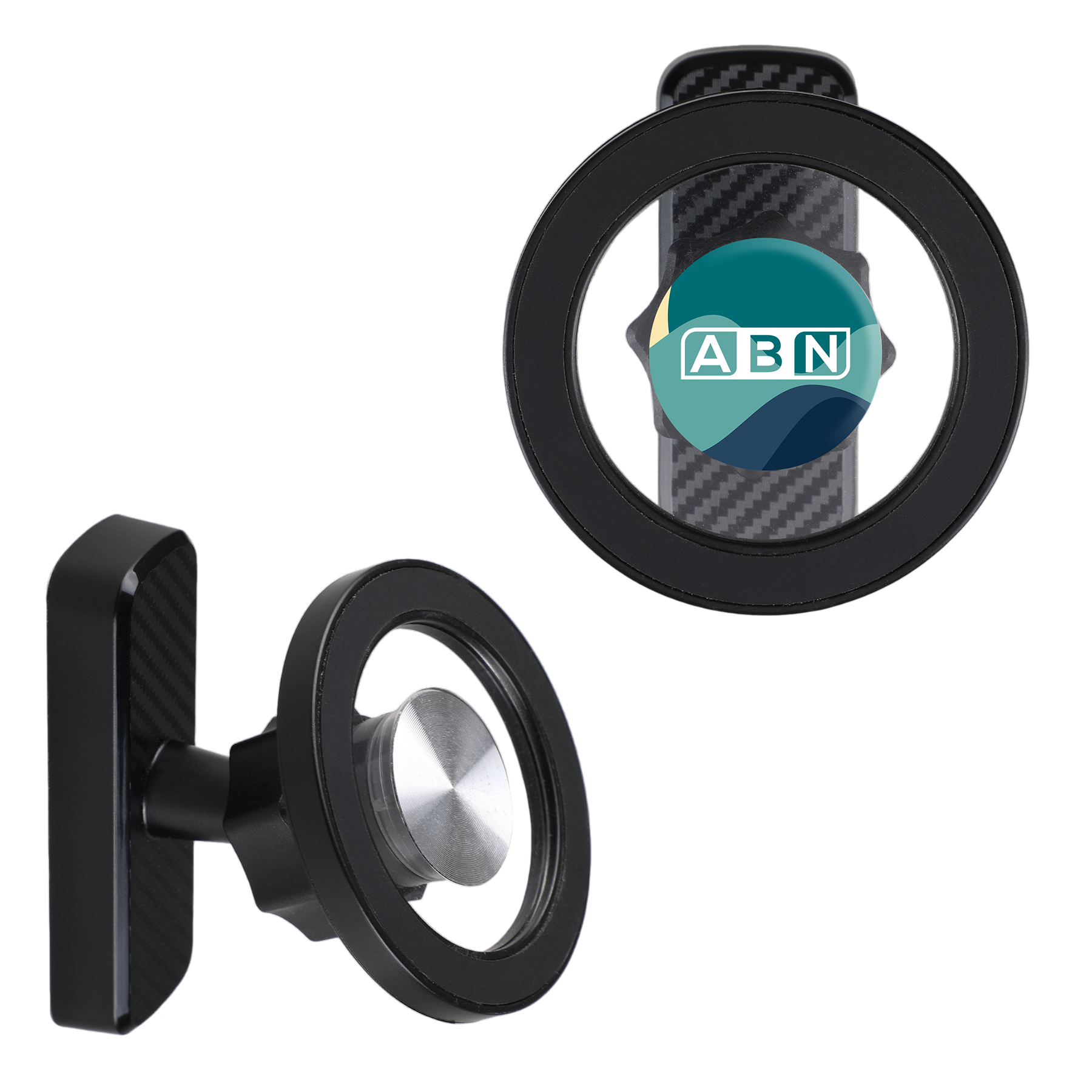Black MagGrab Magnetic Phone Mount with compact silver circular design, built-in phone-holding magnet, adjustable viewing angle, and metal-gripping back for mounting phones on golf carts, garages, and other metal surfaces.