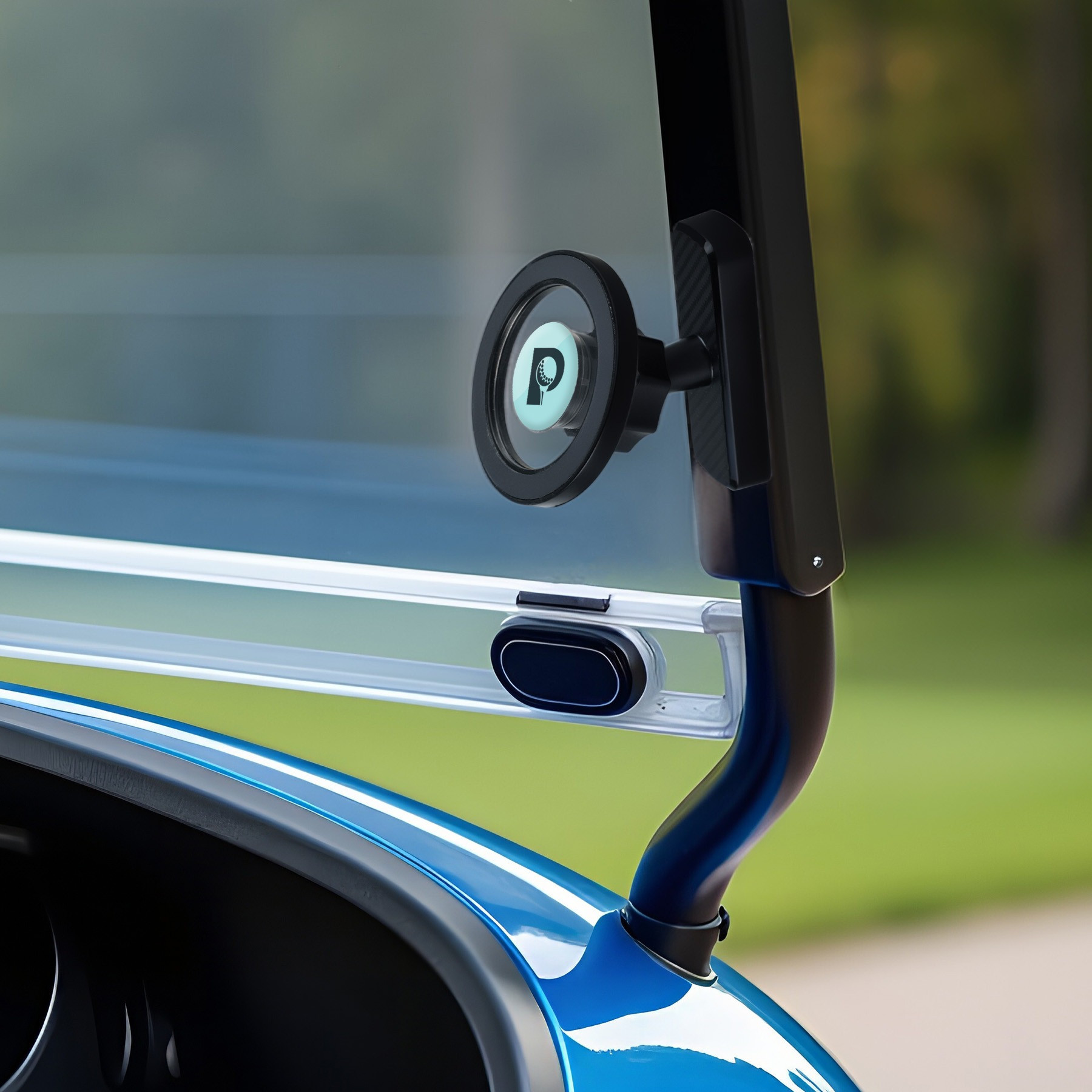 Black MagGrab Magnetic Phone Mount with compact silver circular design, built-in phone-holding magnet, adjustable viewing angle, and metal-gripping back for mounting phones on golf carts, garages, and other metal surfaces.
