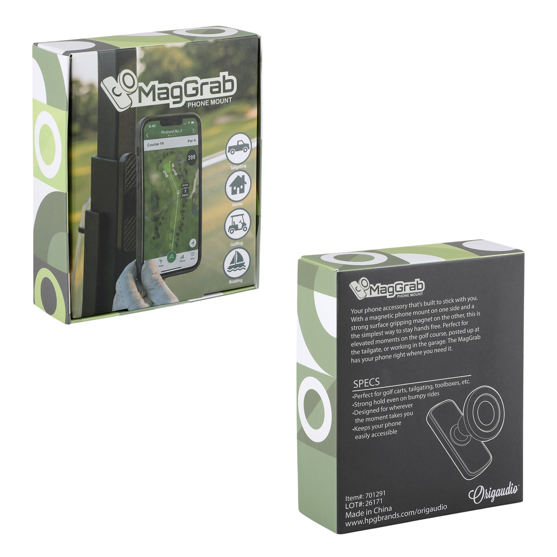 Black MagGrab Magnetic Phone Mount with compact silver circular design, built-in phone-holding magnet, adjustable viewing angle, and metal-gripping back for mounting phones on golf carts, garages, and other metal surfaces.
