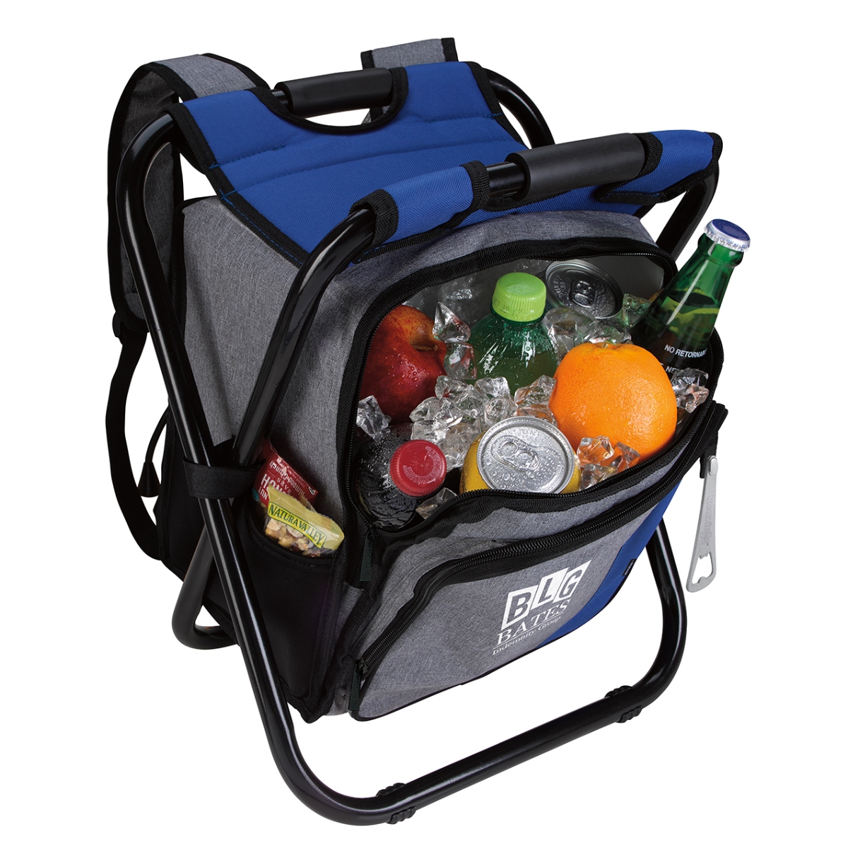 Lightweight cooler backpack chair with padded seat and handles, durable steel frame, front zippered compartment, bottle opener, and heat-sealed PEVA liner.