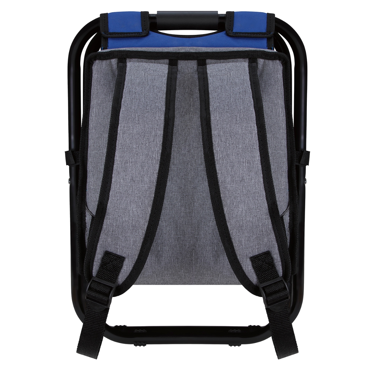 Lightweight cooler backpack chair with padded seat and handles, durable steel frame, front zippered compartment, bottle opener, and heat-sealed PEVA liner.