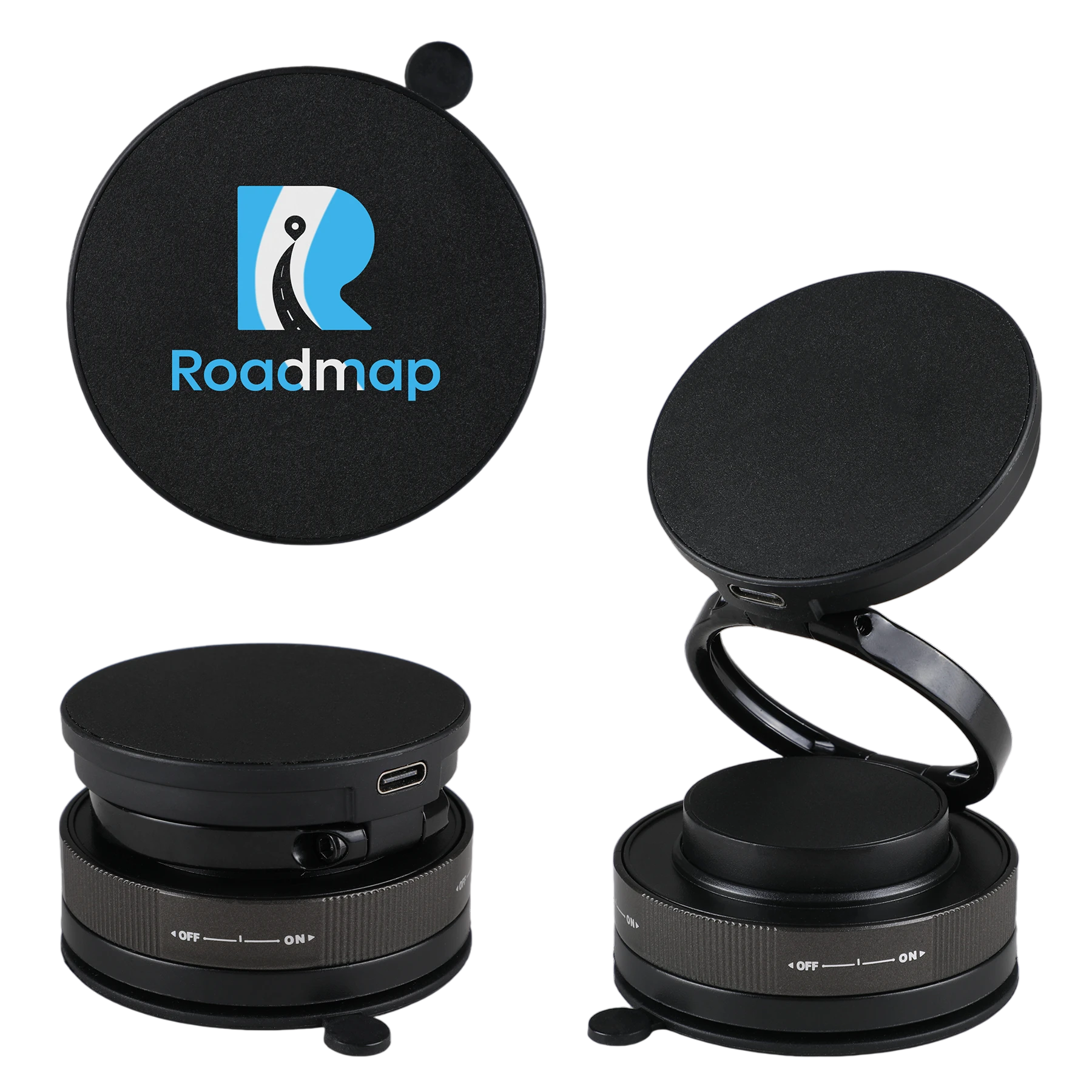 Black Lunogrip Charge Phone Stand & Wireless Charger in black, compact adjustable design with a magnetic charging pad and suction cup base for hands-free phone charging on smooth surfaces.